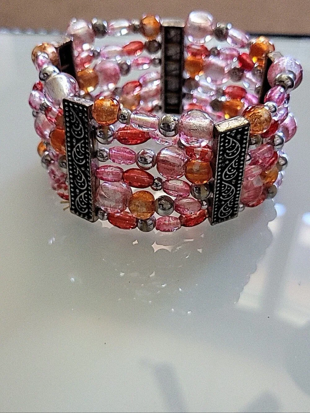 Pink Amber Multi Strand Beaded Stretch Cuff Bracelet Boho Statement